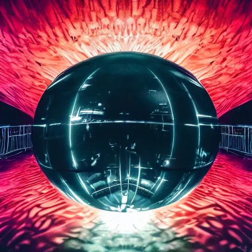 Prompt: a large scale immersive public art installation. big mirror floor reflect single big suspended sphere with projected space nebula generative visuals on it inside giant and dark printworks venue. low light