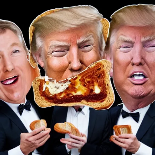 Prompt: 3 guys going crazy over a piece of toast with Donald trumps face,