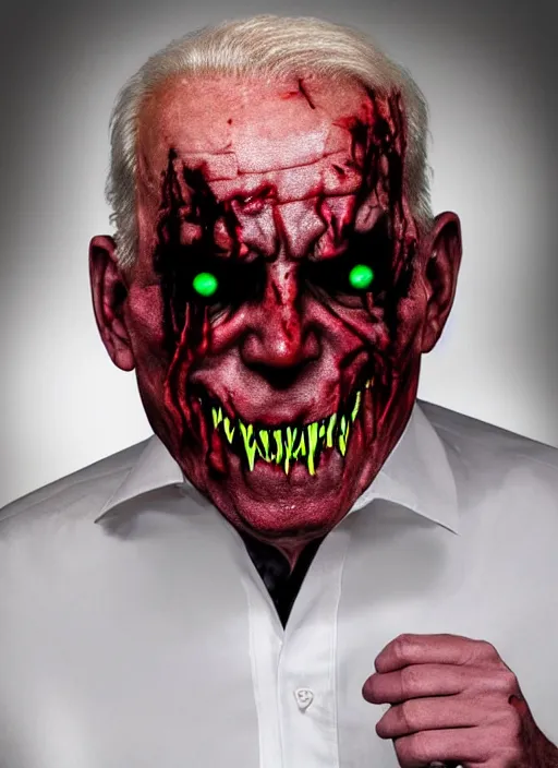 Image similar to hyper realistic terror photo Doom horror furious glowing red eyes biden