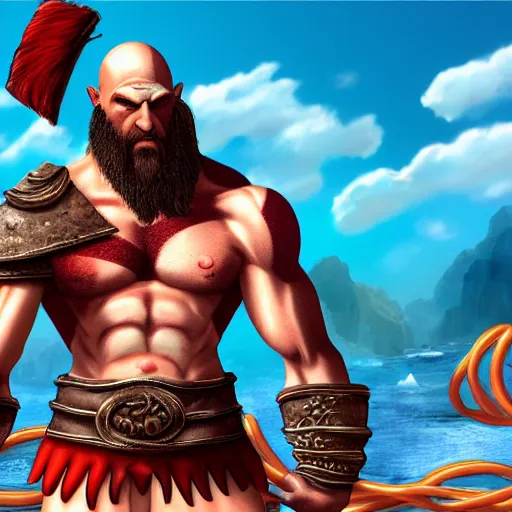 Image similar to kratos wearing a bikini and eating spaghetti, detailed digital art