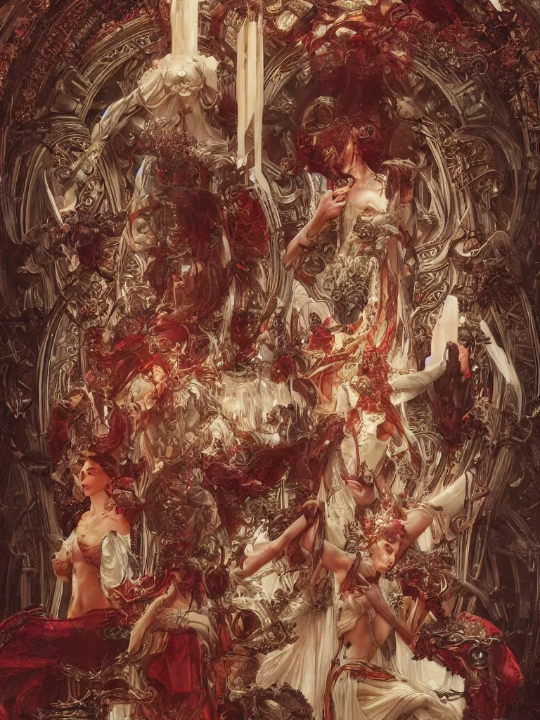 Image similar to a huge ivory throne with abominations kneeling in front of it, red tones, highly coherent, ultra realistic, concept art, intricate details, eerie, highly detailed, photorealistic, octane render, 8 k, unreal engine. art by artgerm and greg rutkowski and alphonse mucha