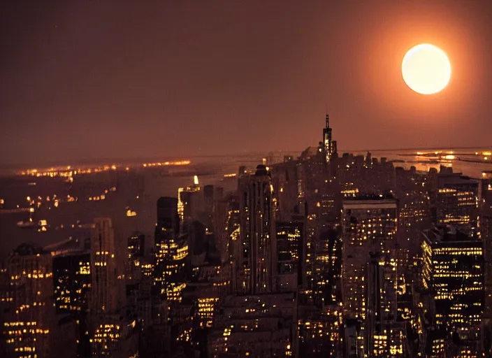 Image similar to film still of the moon shattering into pieces over manhatten in the new disaster movie, 8 k, night time