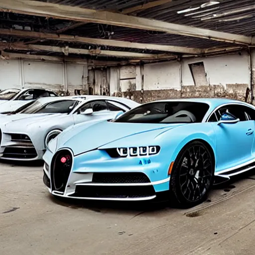 Image similar to an abandoned, derelict, ( really rusty ) bugatti chiron in a dirty warehouse