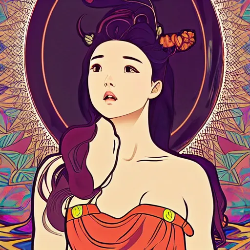 Image similar to hwasa hwasa hwasa in the style of artgerm and alphonse mucha. studio ghibli