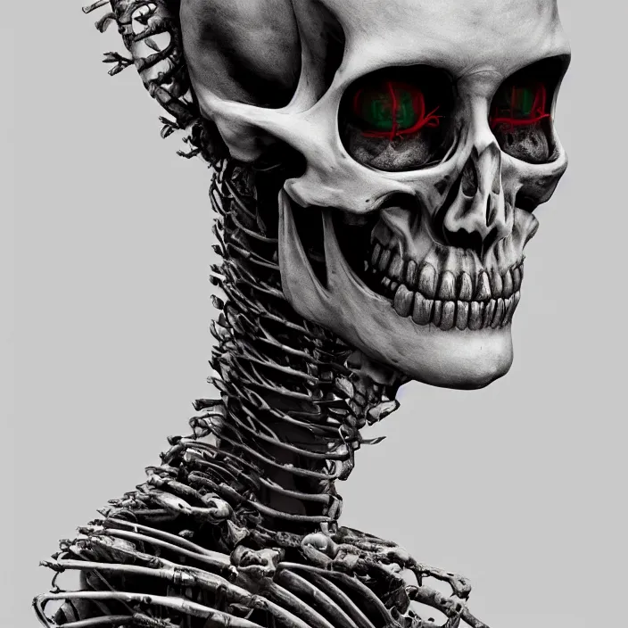 Image similar to portrait of rosie huntington-whiteley as a skeleton. intricate abstract. intricate artwork. nightmare fuel. by Tooth Wu, wlop, beeple, dan mumford. octane render, trending on artstation, greg rutkowski very coherent symmetrical artwork. cinematic, hyper realism, high detail, octane render, 8k, iridescent accents