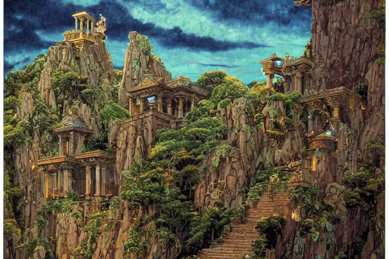 Prompt: ancient temple on a mountaintop at night | by Paul O. Zelinsky and Edmund Dulac and Donato Giancola | ornate carvings| climbing vines| rich color | dramatic cinematic lighting | extremely crisp and detailed | featured on Artstation | cgsociety