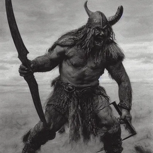 Image similar to viking marauder fighting against an orc, posed, gritty, beksinski