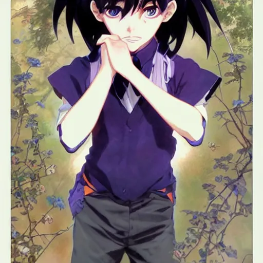 Image similar to small boy with black hair and blue purple eye, school uniform, anime style, hyper detailed, illustration, digital painting, art by artgerm and greg rutkowski and alphonse mucha, high delicate defined details, anime stylized, highly detailed, realistic, sharp focus