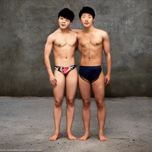 Prompt: song joong - ki portrait, young handsome asian male divers in speedo, kissing, muscle, studio photo