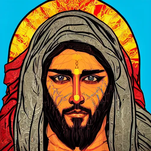 Prompt: blooded jesus christ on mayheim crosses with taliban. symmetrical anatomy, very intricate, digital design, perfect details, pop punk art style, colorful, accompanied by body, pure image without duplication, dribble popular, trending on arstation, drawn by ilya kuvshinov and vinicius gud and gustavo zambelli, intricate, ultra high definition.