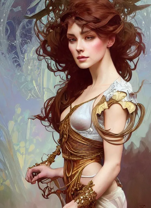 Image similar to portrait of a beautiful female wearing a fashion costume From Couture, upper and lower body, D&D, fantasy, intricate, elegant, highly detailed, digital painting, artstation, concept art, smooth, sharp focus, illustration, art by artgerm and greg rutkowski and alphonse mucha