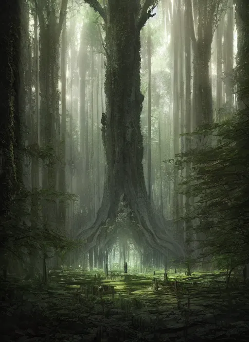 Prompt: A sacred grove, lush trees, a fantasy digital painting by Greg Rutkowski and James Gurney, trending on Artstation, highly detailed