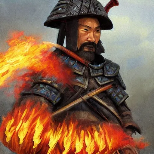 Prompt: a stunning painting of and old samurai warrior holding flaming swords standing on a destroyed fort by Aaron Miller, soft focus, muted colors, dark