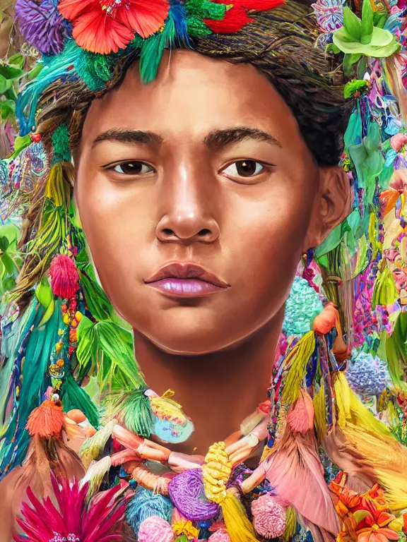 Image similar to beautiful portrait of a Subtropics minority female wearing fantastic Hand-dyed cotton dress, embellished beaded feather decorative fringe knots ,colorful pigtail,subtropical flowers and plants,symmetrical face,intricate,elegant, highly detailed, 8k,post-processing,digital painting, trending on artstation, concept art, sharp focus, illustration,by Steve McCurry and Tom Bagshaw and Daniel Gerhartz and Albert Aublet and Lawrence Alma-Tadema