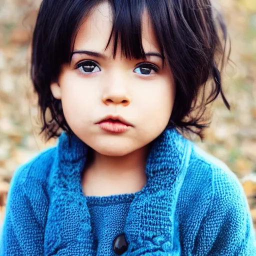 Image similar to beautiful cute girl with short blue hair, big brown eyes, wearing a brown sweater