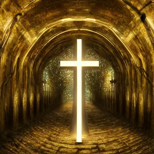 Prompt: a christian cross as the light at the end of the tunnel, with a few vines and overgrowth, concept art by Doug Chiang cinematic, realistic painting, high definition, digital art, symmetrical, very detailed, extremely high detail, photo realistic, concept art, unreal engine 5,