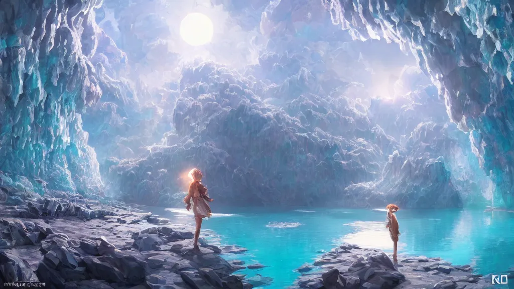 Prompt: inside a intricate crystal cave there was a lake, filled by the light of a beautiful silver moon, and over it was the sky, dynamic lighting, cinematic lighting, lit by moonlight, by krenz cushart and ilya kuvshinov and artgerm, unreal engine, featured on artstation, ultrawide angle, polarizer filter : 1 0