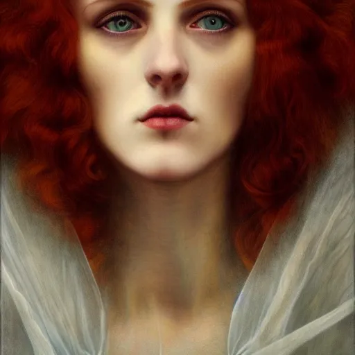 Prompt: A striking Pre-Raphaelite witch with intense eyes and ginger hair