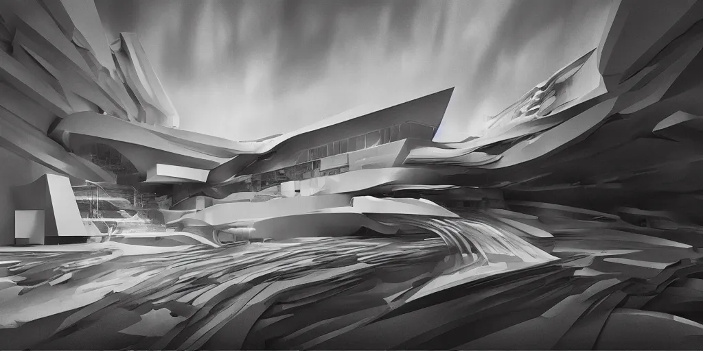 Image similar to Zaha Hadid works and le corbusier works and Mies van der rohe wrok in the same photo inspired by Where weird things happen by Daniele Gay on art station and inspired by Mining by Risa lin on art station