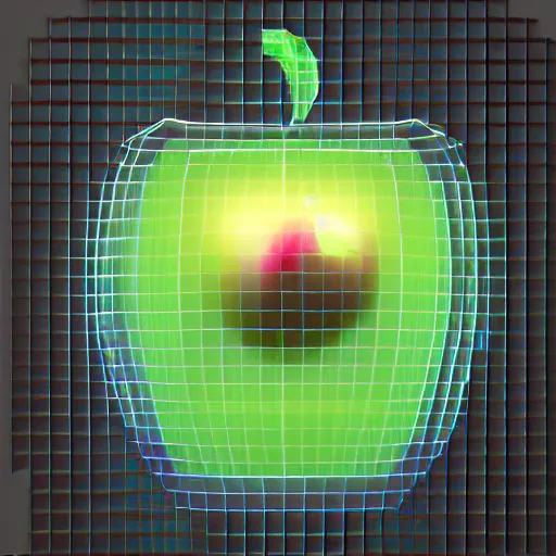 Image similar to a cybernetic apple made of polygons, virtual apple, polygonal apple, floating in a dark blue void of particles, 4k detailed, 8k, Y2K aesthetic