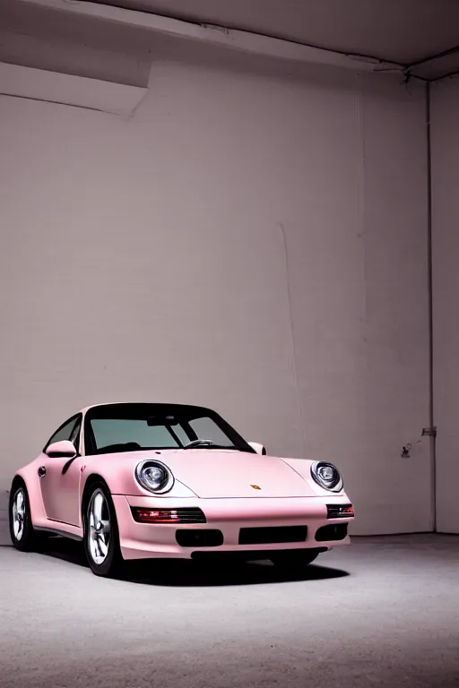 Image similar to Portrait of a light pink Porsche 911 Carrera 3.2, spotlight, in a dark room, photoshoot for vogue magazine.