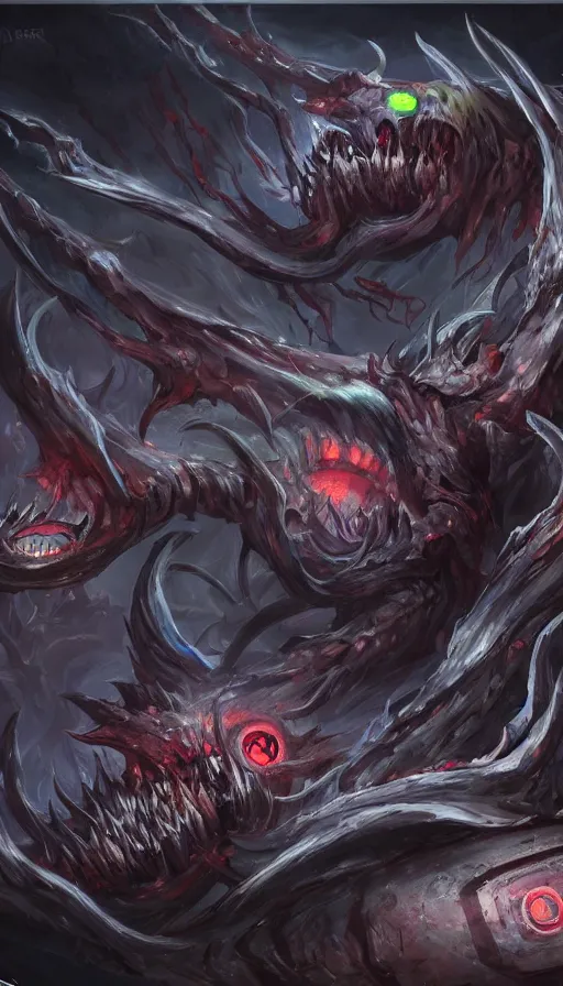 Prompt: a storm vortex made of many demonic eyes and teeth, by league of legends concept artists