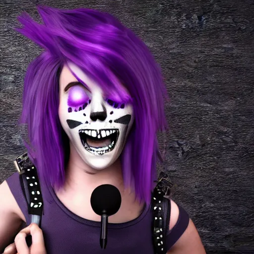 Image similar to high detail unreal engine render of a punk girl with purple emo hair, a skull shirt, and studded arm bands screaming into a microphone in pixar style 4 k
