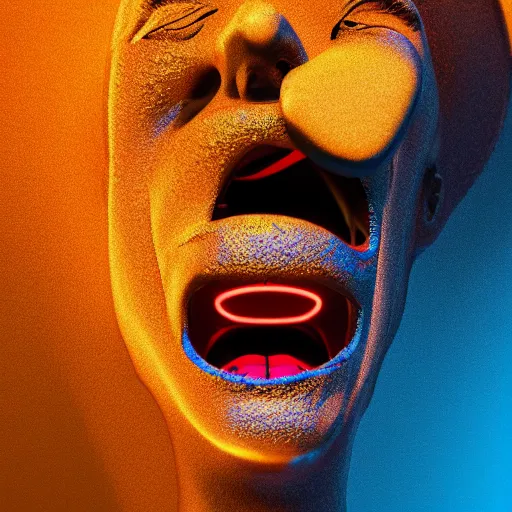 Prompt: screaming face is melting, liquified, chrome reflections, black ink, glue dropping, fish skin, lit by one neon light from the top, rim lights orange and blue, octane render, cgsociety, autodesk, behance, kiki picasso style
