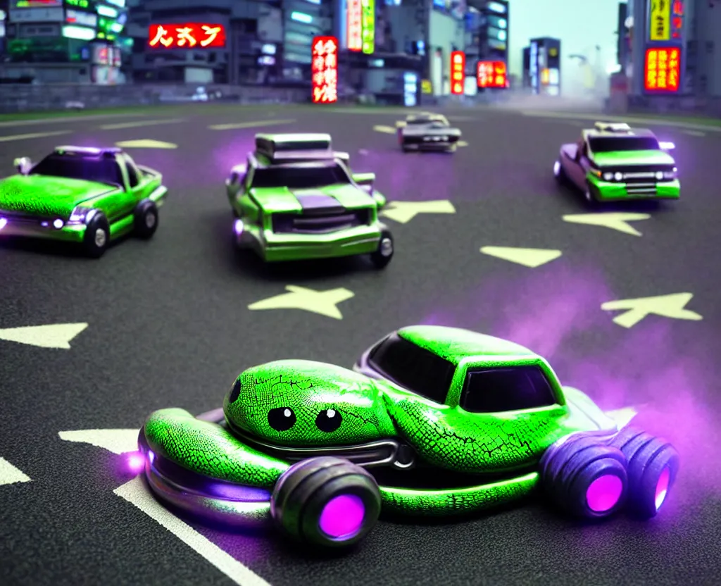 Image similar to anthropomorphic JZX100 twin turbo drift jet engine monster truck drag racer cowboy Cadillac hover-car UFO with cowboy snake facial features speeding in the road, Tokyo prefecture, Japanese architecture, city sunset mist lights, cinematic lighting, photorealistic, detailed alloy wheels, highly detailed purple green snake oil wacky races power ranger bat-mobile transformer car