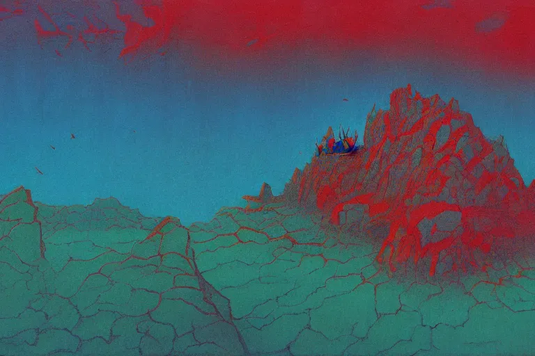 Image similar to craggy rock plains, art by beksinski and pauline baynes, trending on artstation, iridescent cool blue and cyan and red and blue and yellow and green lighting camera view from above surrealism, very very intricate, concept art, fisheye lens, situationist international