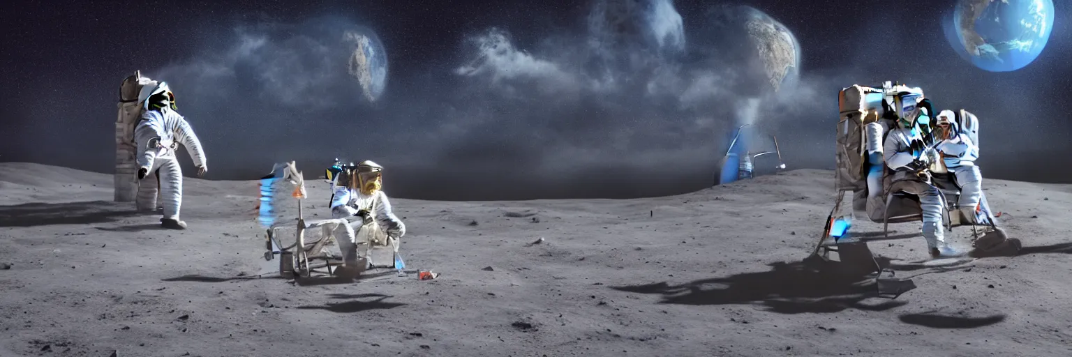 Image similar to A highly photographic render of astronaut on the Moon, sitting on a concrete bench reading a book facing planet Earth, rim lighting, cinematic lighting, octane engine, photo realistic image, 4K, super detailed, cinematic look