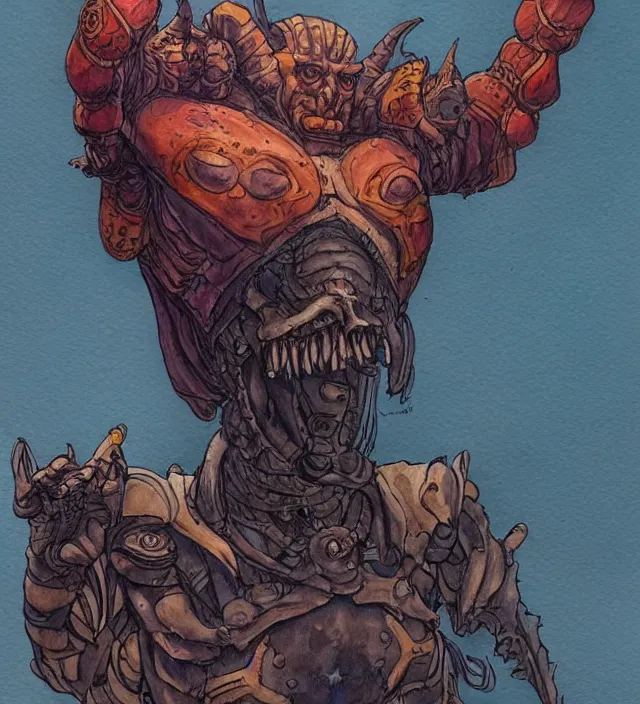 Prompt: a 3 / 4 view watercolor ink painting of a humanoid anthropomorphic glowing deathclaw dressed as a raider in the style of jean giraud in the style of moebius trending on artstation deviantart pinterest detailed realistic hd 8 k high resolution