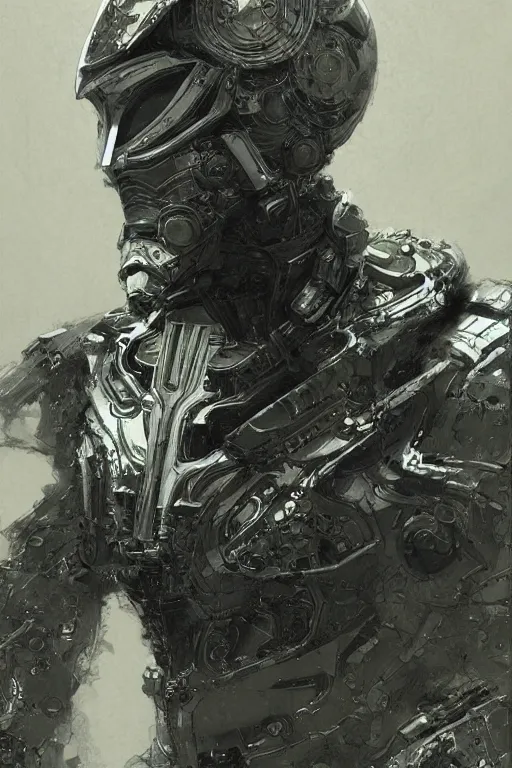 Prompt: portrait of futuristic cybernetic man with cool helmet and mask, pen and ink, intricate line drawings, by craig mullins, ruan jia, kentaro miura, greg rutkowski
