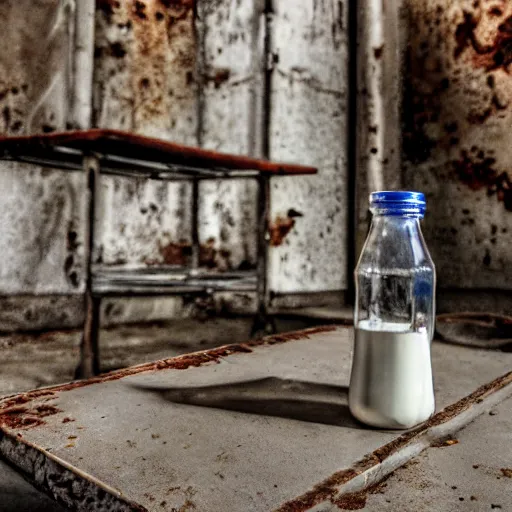 Image similar to bottle of milk, over a rusted metal table inside slaughterhouse