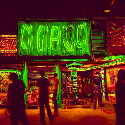 Image similar to cyberpunk black indian market, indoor in the style of blade runner, stands illuminated by greens neon lights, crowded with cyborgs photorealistic, 3 5 mm, grainy ruined film, dark color scheme, ray tracing, unreal engine, 4 k