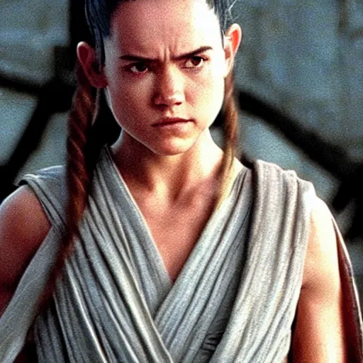 Image similar to Rey from Star Wars twenty years older as a Jedi Master