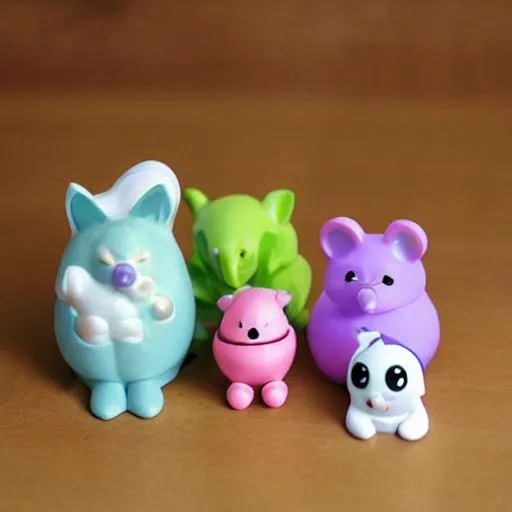 Image similar to some cute plastic toys that look like animal characters washing dishing in the kitchen, pastel colors