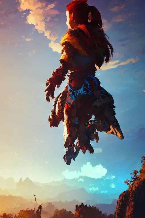 Image similar to combination suit armor aloy horizon forbidden west horizon zero dawn radiating a glowing aura global illumination ray tracing hdr fanart arstation by ian pesty and alena aenami artworks in 4 k tribal robot ninja mask helmet backpack