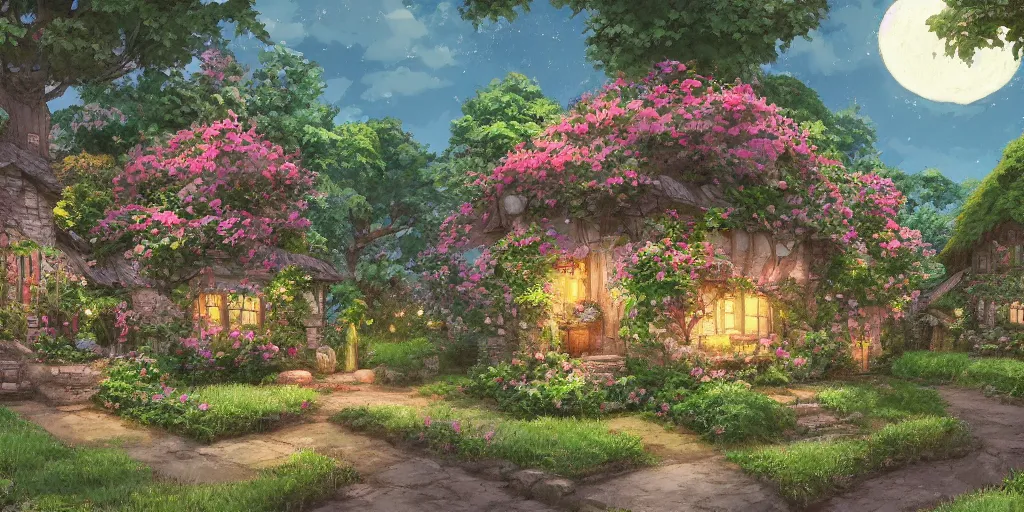 Image similar to flowery cottage, evening, highly detailed, studio ghibli, artstation