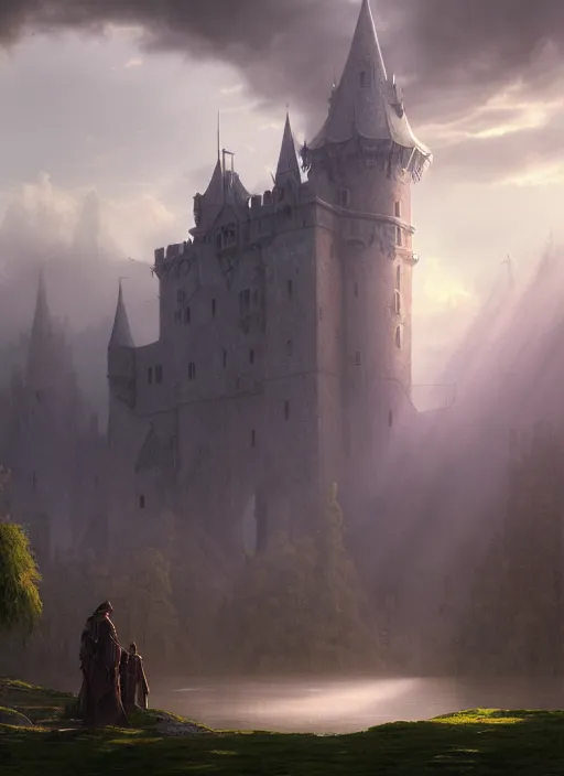 Image similar to medieval castle, mist, sunrays, dust in the air, dnd character, unreal engine, octane render, dramatic lighting, pond, digital art, by stanley artgerm lau, greg rutkowski, thomas kindkade, alphonse mucha, loish, norman rockwell,