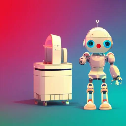 Image similar to low - poly cute robot character doing laundry, 3 d render, blender, unity, octave, 4 k, isometric view, beautiful render, pastel colours, breath of the wild art style