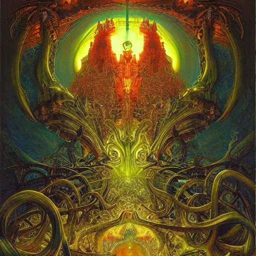 Prompt: lurid eldritch radiating town fractal shimmering phantasm, by h. r. giger and esao andrews and maria sibylla merian eugene delacroix, gustave dore, thomas moran, pop art, synthwave, cubist