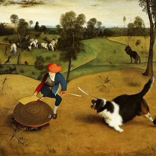 Prompt: Painting of an Australian Shepherd catching a frisbee in the style of Pieter Bruegel