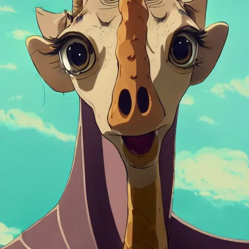 Image similar to an anthropomorphic giraffe wearing a dress, illustration concept art anime key visual trending pixiv fanbox by wlop and greg rutkowski and makoto shinkai and studio ghibli and kyoto animation symmetrical facial features