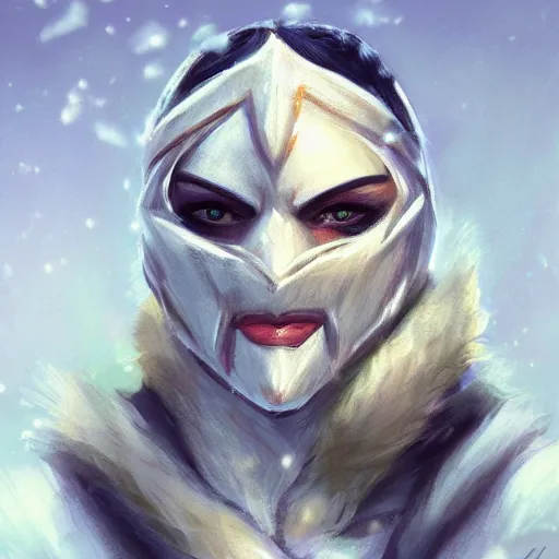 Image similar to bandit from ‘ icewind dale ’ with a frost gem mask, ‘ icewind dale 2 ’ profile portrait by ‘ justin sweet ’, falling snow, soft focus, illustration, oil paint, artstation