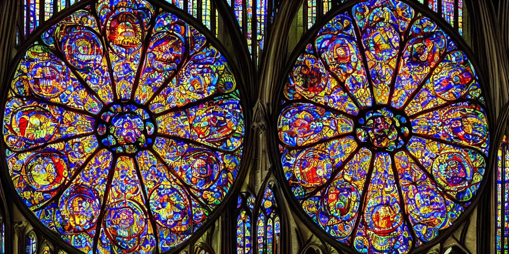 Prompt: gothic cathedral rose window megastructure in the style of heironymus bosch, intricate colorful masterpiece, hyper detailed, hd