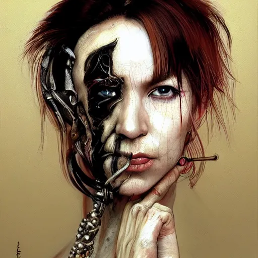 Image similar to portrait of a Shibari rope wrapped face and neck, headshot, insanely nice professional hair style, dramatic hair color, digital painting, of a old 15th century, old cyborg merchant, amber jewels, baroque, ornate clothing, scifi, realistic, hyperdetailed, chiaroscuro, concept art, art by Franz Hals and Jon Foster and Ayami Kojima and Amano and Karol Bak,