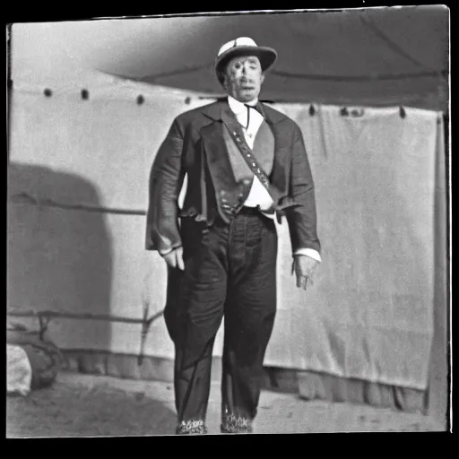 Prompt: trump dressed as old-timey circus strong man, 1900s black and white photo