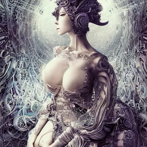 Image similar to the portrait of an absurdly beautiful, graceful, elegant, sophisticated, fashionable cyberpunk gravure idol, an ultrafine hyperdetailed illustration by kim jung gi, irakli nadar, takato yamamoto, intricate linework, bright colors, porcelain skin, unreal engine 5 highly rendered, fashion photography, fractal background, global illumination, radiant light, detailed and intricate environment