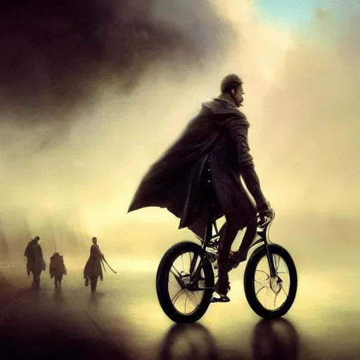 Prompt: cinematic shot epic portrait christopher eccleston riding a bicycle in the streets, atmospheric, cloudy, broad light, ambient occlusion, volumetric light effect, made by ivan aivazovsky, peter mohrbacher, greg rutkowski, ross tran, matte painting, trending on artstation, 4 k, perfectly defined features, digital painting, cinematic, epic, highly detailed,